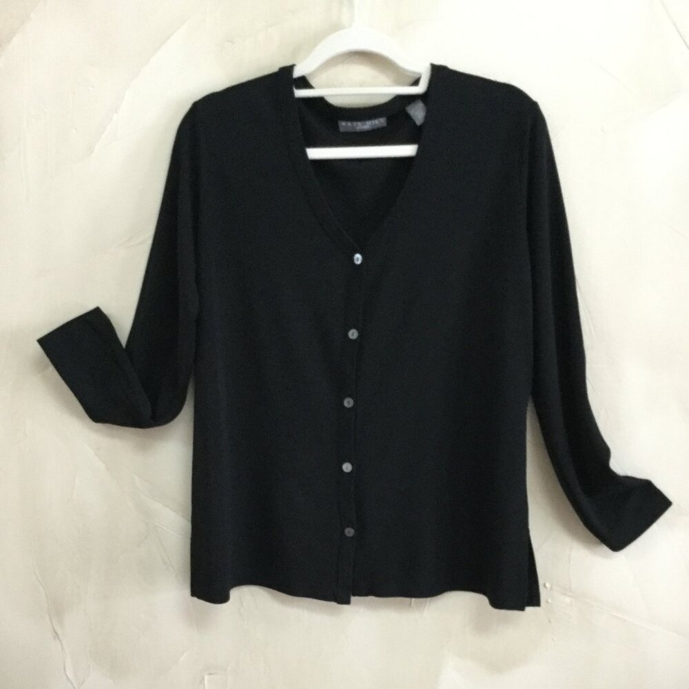 Kate Hill Women Petites Size PM Black Cardigan Sweater Top Travel Knit Button